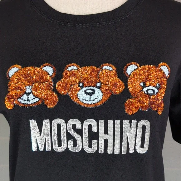 Moschino Sequin Teddy Bear Hear/Speak/See No Evil Short Sleeve T-Shirt - Picture 6 of 8